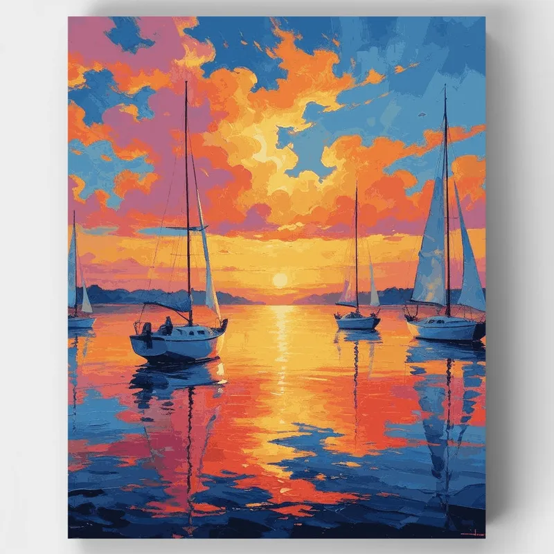 Premium Veleros en el Puerto al Atardecer - Kit de pintar por números - Lienzo Enrollado / 24 Colores