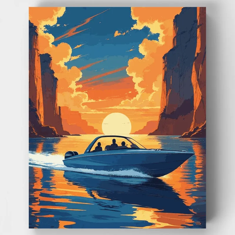 Lancha Rápida en Cañón al Atardecer - Kit de pintar por números - Lienzo Enrollado / 24 Colores Envío Inmediato