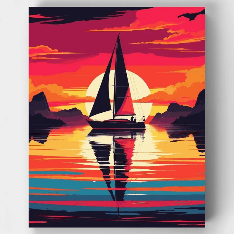 Máxima Calidad Kit de pintar por números Atardecer Tranquilo con Velero - Lienzo Enrollado / 24 Colores