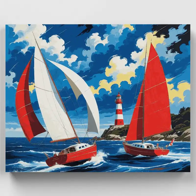 Regata de Veleros en el Faro - Kit de pintar por números - Lienzo Enrollado / 24 Colores Ocasión Especial