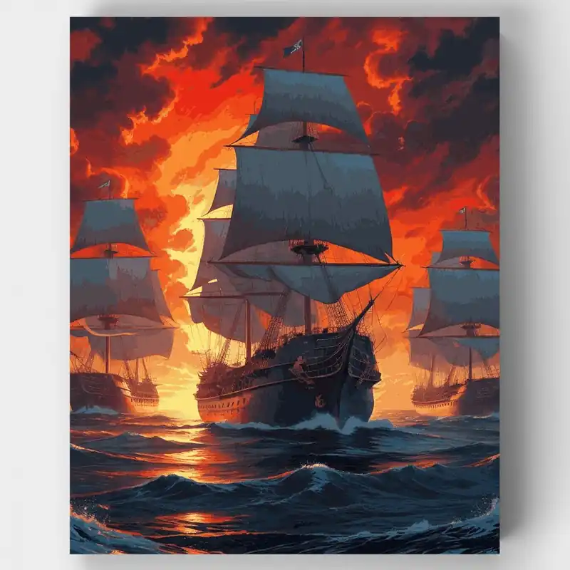 Flota de Piratas al Atardecer - Kit de pintar por números - Lienzo Enrollado / 24 Colores Devolución Gratuita