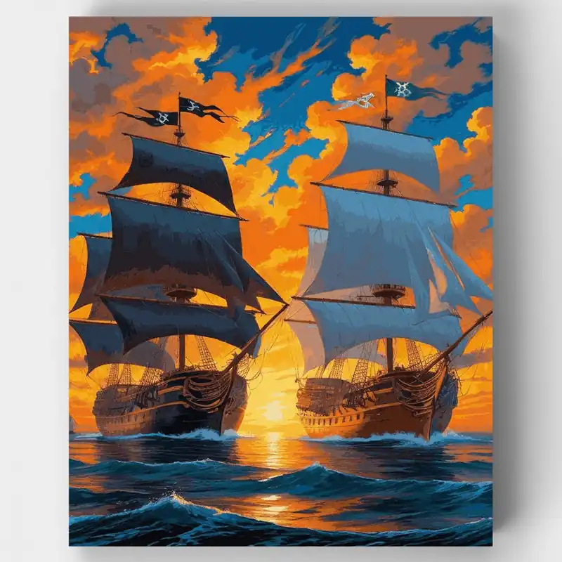 Atardecer Dorado de Piratas - Kit de pintar por números - Lienzo Enrollado / 24 Colores Artesanal