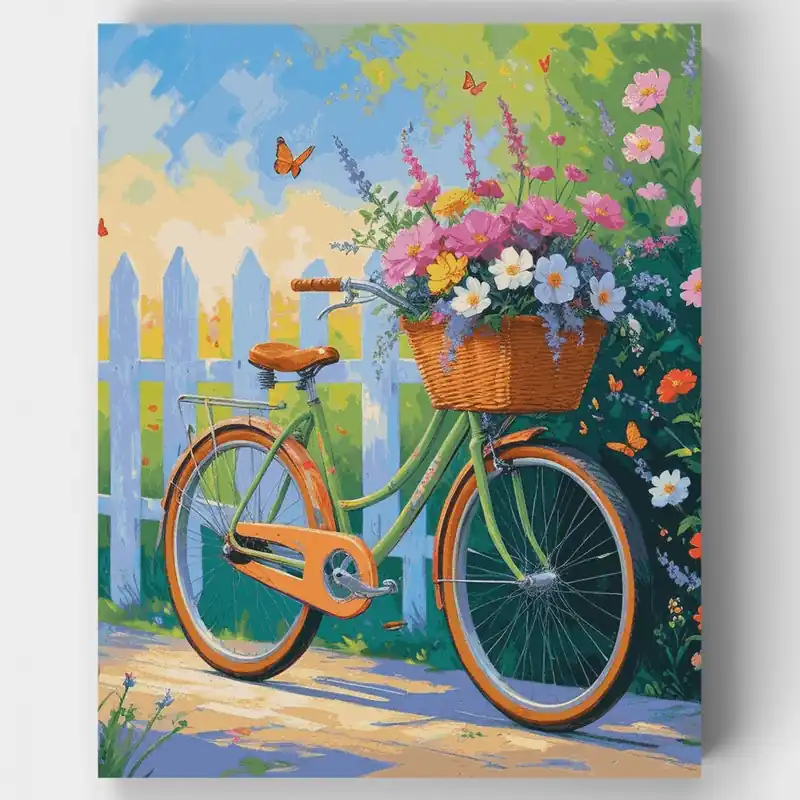 Bicicleta de Jardín con Flores - Kit de pintar por números - Lienzo Enrollado / 24 Colores Oferta Flash