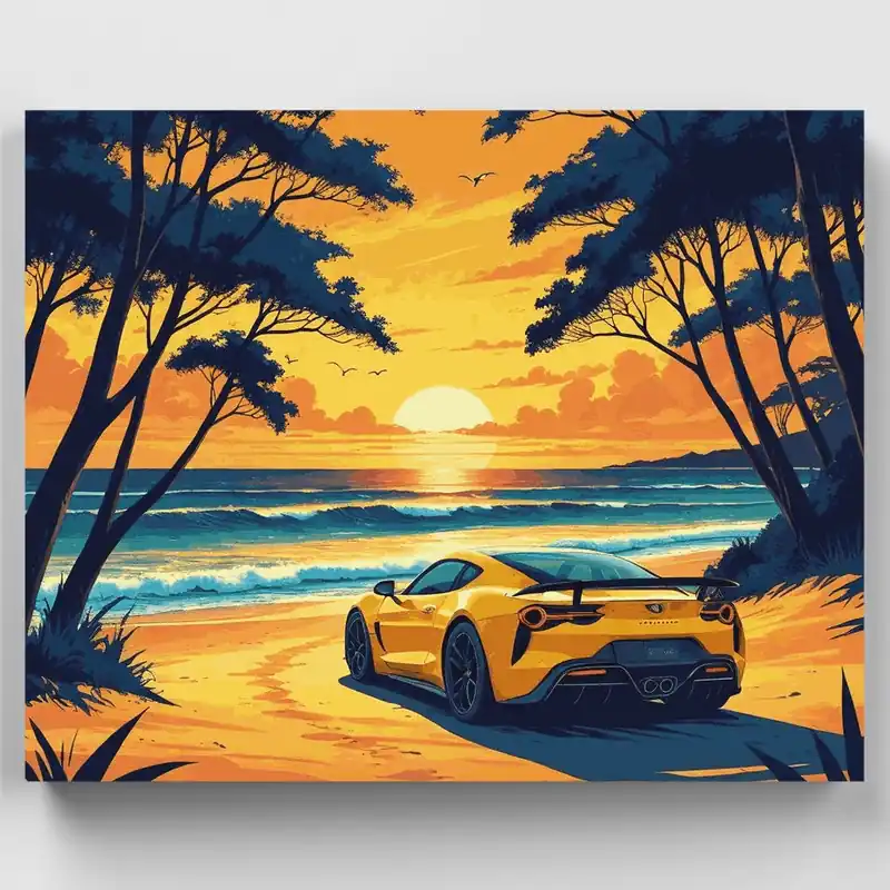 Superdeportivo Costero al Atardecer - Kit de pintar por números - Lienzo Enrollado / 24 Colores Nueva Colección