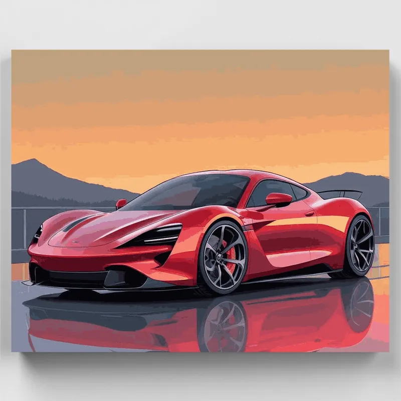 Reflejo de Superdeportivo Rojo - Kit de pintar por números - Lienzo Enrollado / 24 Colores Disponible Ahora