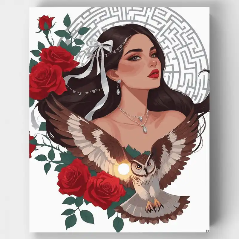 Búho Místico y Rosas - Kit de pintar por números - Lienzo Enrollado / 24 Colores Auténtico