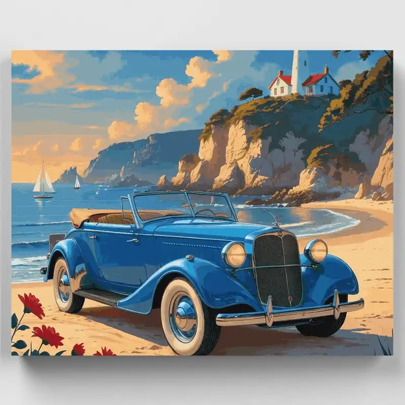 Solo Por Tiempo Limitado Coche Clásico Costero - Kit de pintar por números - Lienzo Enrollado / 24 Colores