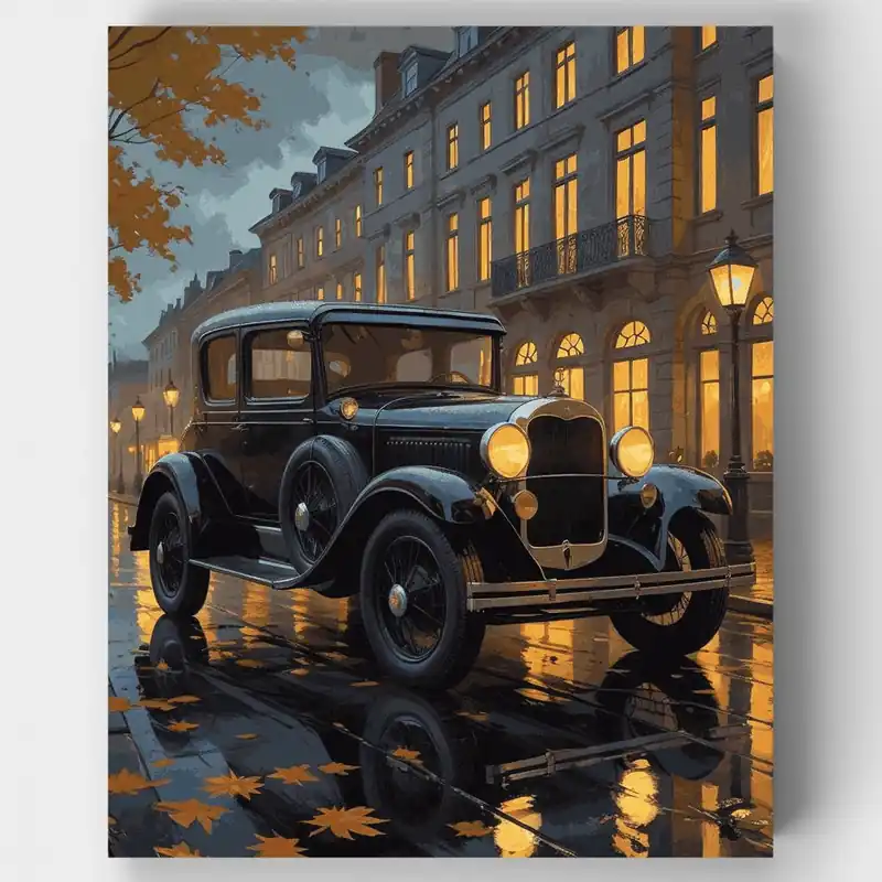 Coche Vintage en Tarde Lluviosa - Kit de pintar por números - Lienzo Enrollado / 24 Colores Envío Inmediato