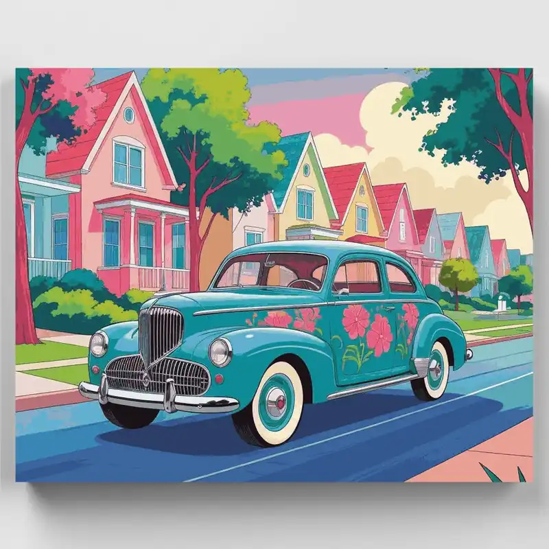 Coche Turquesa Retro en Barrio Pastel - Kit de pintar por números - Lienzo Enrollado / 24 Colores Oferta Flash