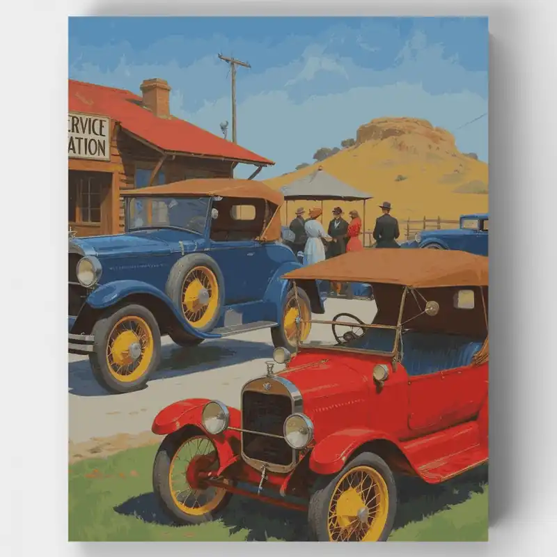 Popular Estación de Servicio Vintage - Kit de pintar por números - Lienzo Enrollado / 24 Colores