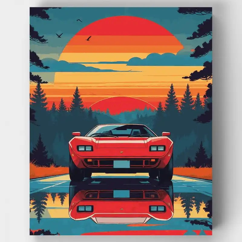 Superdeportivo Retro al Atardecer - Kit de pintar por números - Lienzo Enrollado / 24 Colores Venta Final