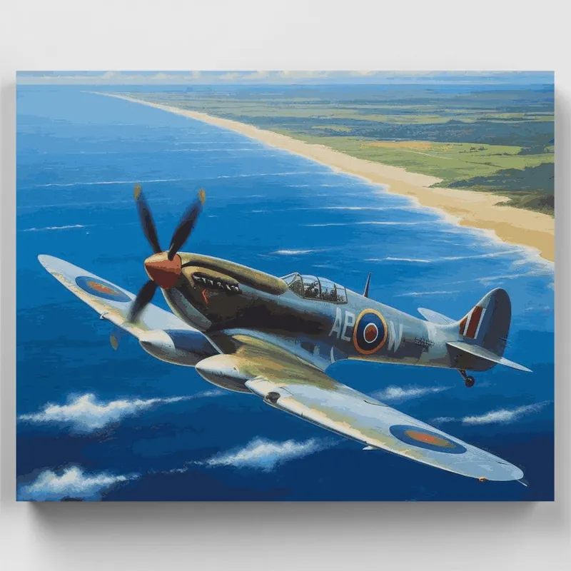 Spitfire Sobre Aguas Costeras - Kit de pintar por números - Lienzo Enrollado / 24 Colores Garantía Incluida
