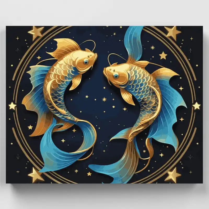Piscis Celestial en Oro y Azul - Kit de pintar por números - Lienzo Enrollado / 24 Colores Gran Oferta