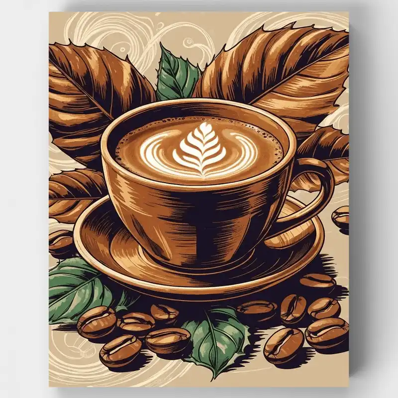 Café Artesanal y Hojas - Kit de pintar por números - Lienzo Enrollado / 24 Colores Más Vendido