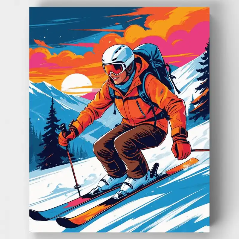 Esquiador en Atardecer Alpino - Kit de pintar por números - Lienzo Enrollado / 24 Colores Pedido Al Por Mayor