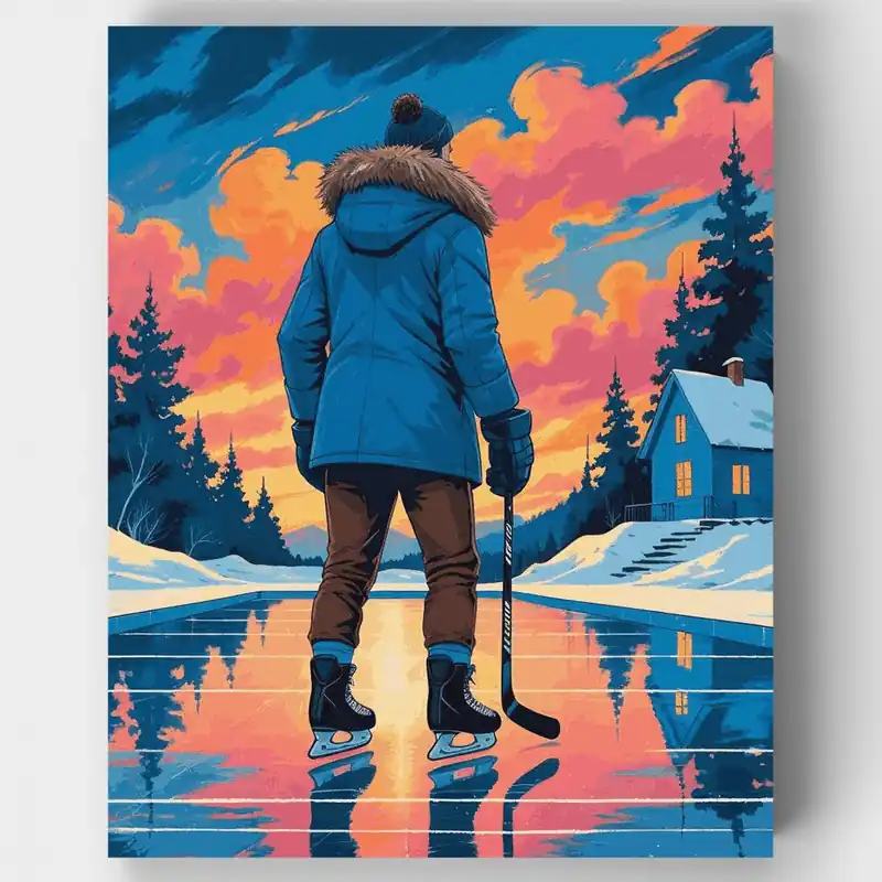 Kit de pintar por números Atardecer de Hockey en Estanque Invernal - Lienzo Enrollado / 24 Colores Oferta Limitada