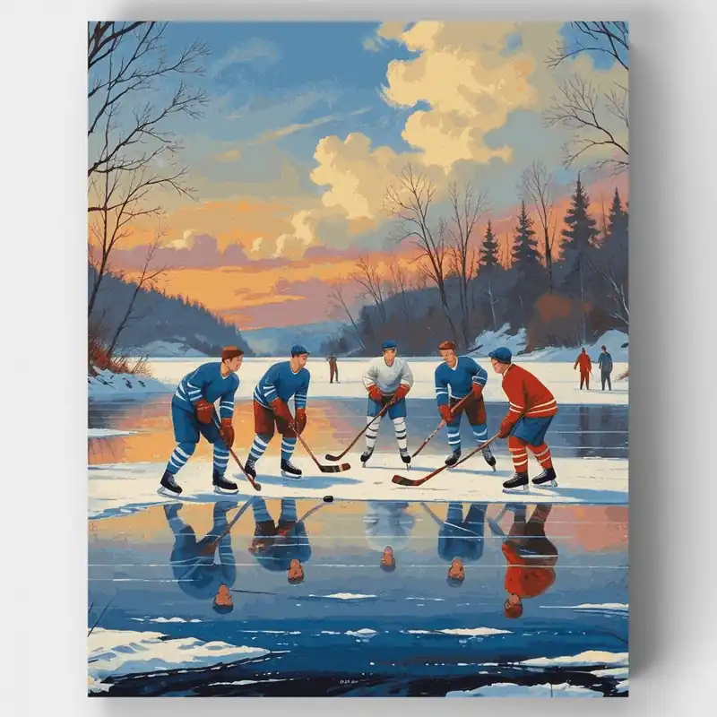 Comprar En Línea Kit de pintar por números - Hockey en Estanque Invernal - Lienzo Enrollado / 24 Colores