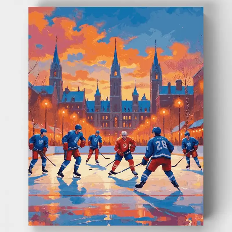Hockey de Invierno en Catedral Gótica - Kit de pintar por números - Lienzo Enrollado / 24 Colores Mayoreo