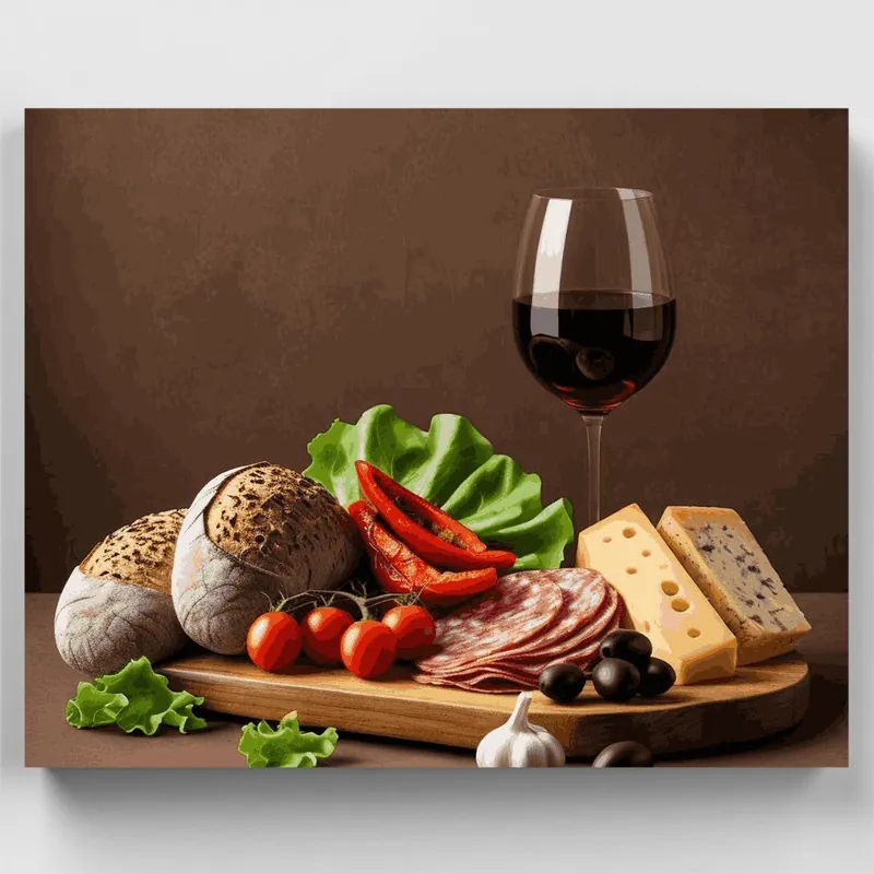 Tabla de Vino y Queso - Kit de pintar por números - Lienzo Enrollado / 24 Colores Oferta Flash