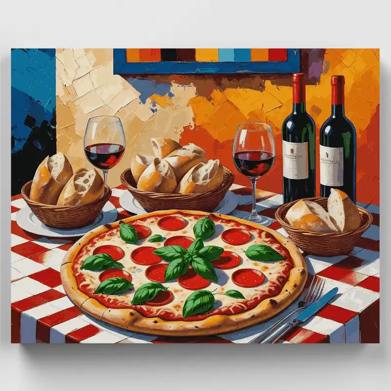 Pizza y Vino Italiano - Kit de pintar por números - Lienzo Enrollado / 24 Colores Promoción Exclusiva