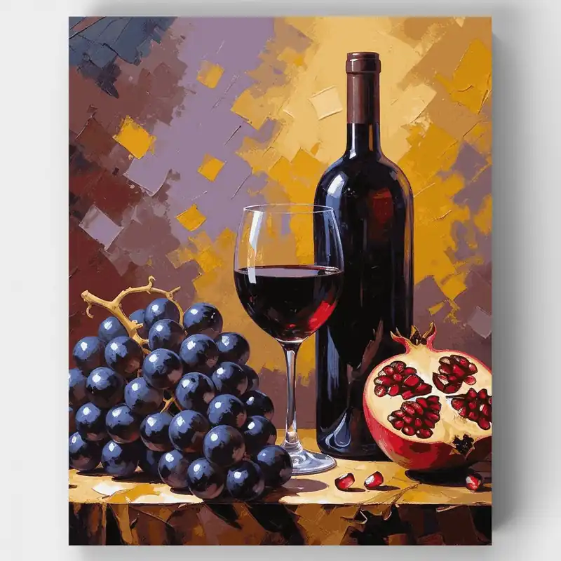 Bodegón de Vino y Granada - Kit de pintar por números - Lienzo Enrollado / 24 Colores Oferta De Temporada