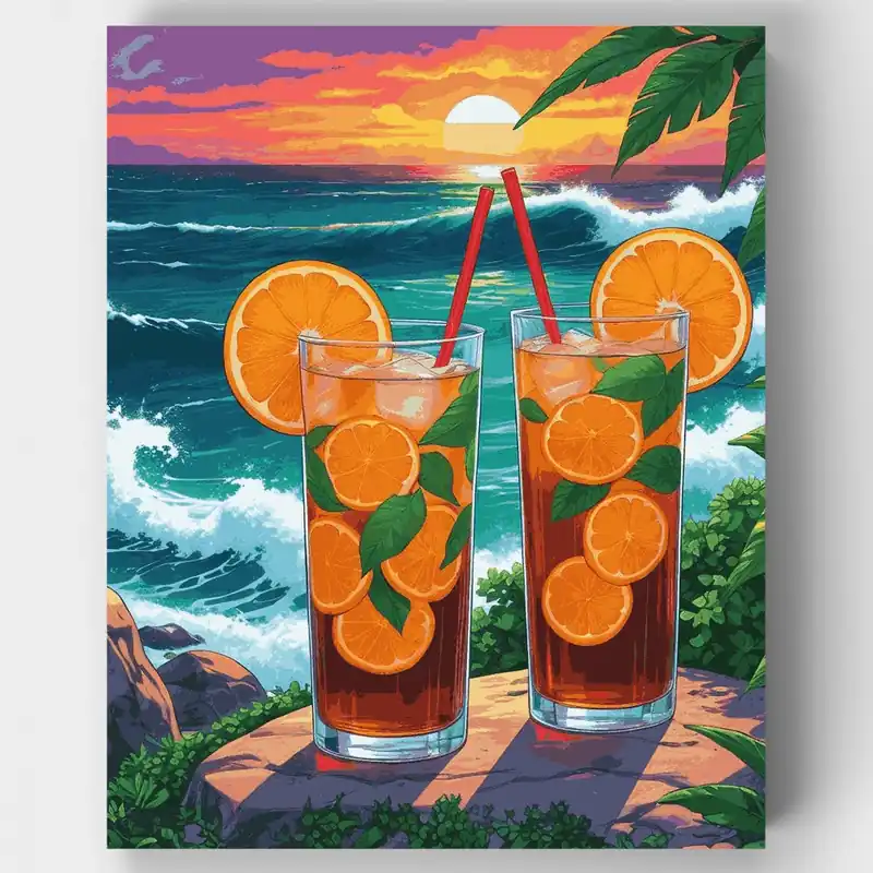 Exclusivo Cócteles de Atardecer Tropical - Kit de pintar por números - Lienzo Enrollado / 24 Colores