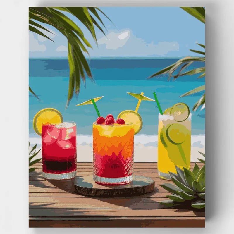Trío de Cócteles Paraíso Tropical - Kit de pintar por números - Lienzo Enrollado / 24 Colores Alta Calidad