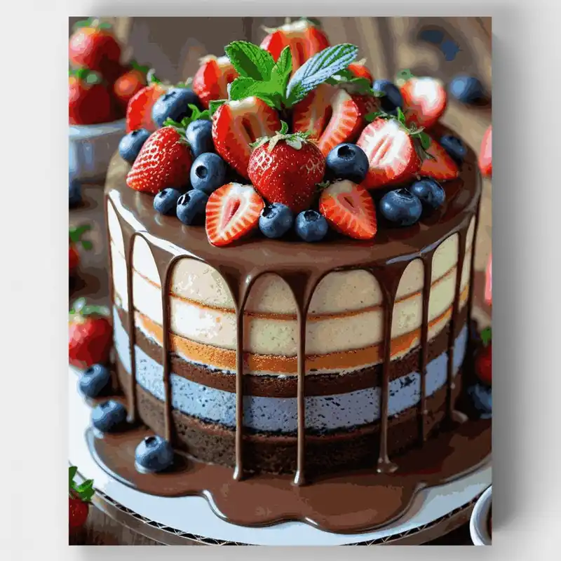 Disponible Ahora Pastel de Chocolate con Goteo de Bayas - Kit de pintar por números - Lienzo Enrollado / 24 Colores