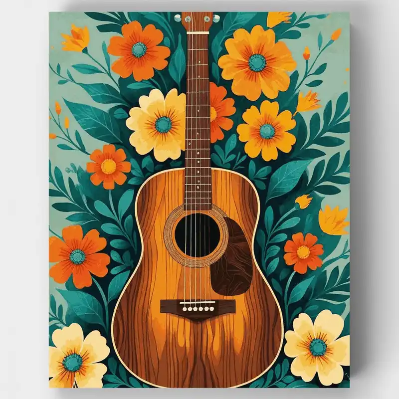 Guitarra Acústica con Flores Naranjas - Kit de pintar por números - Lienzo Enrollado / 24 Colores Precio Reducido
