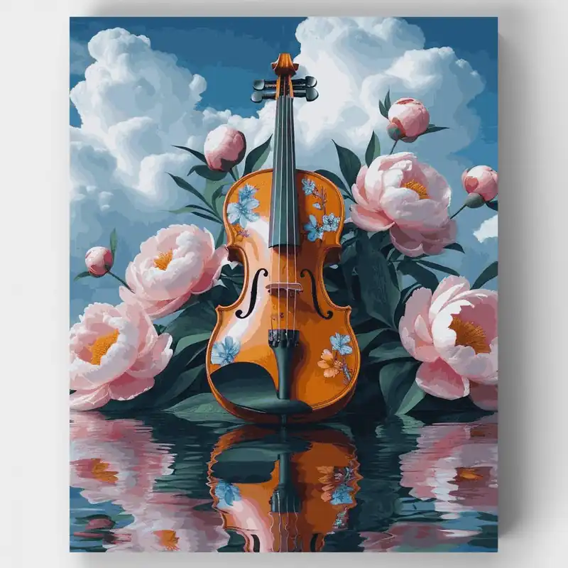 Liquidación Reflejo de Violín y Peonías - Kit de pintar por números - Lienzo Enrollado / 24 Colores