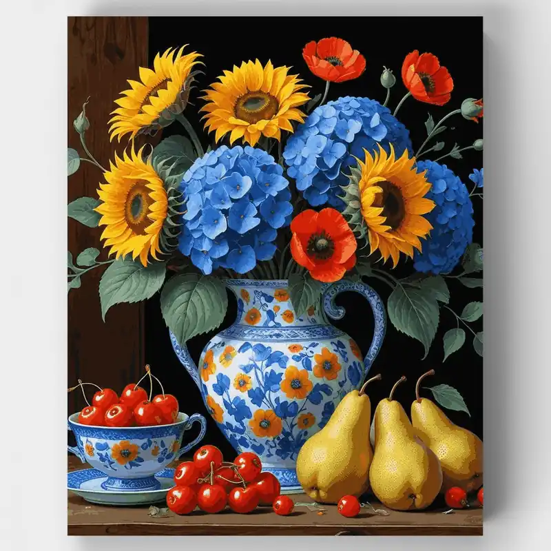 Girasoles y Hortensias Azules - Kit de pintar por números - Lienzo Enrollado / 24 Colores Pago Seguro
