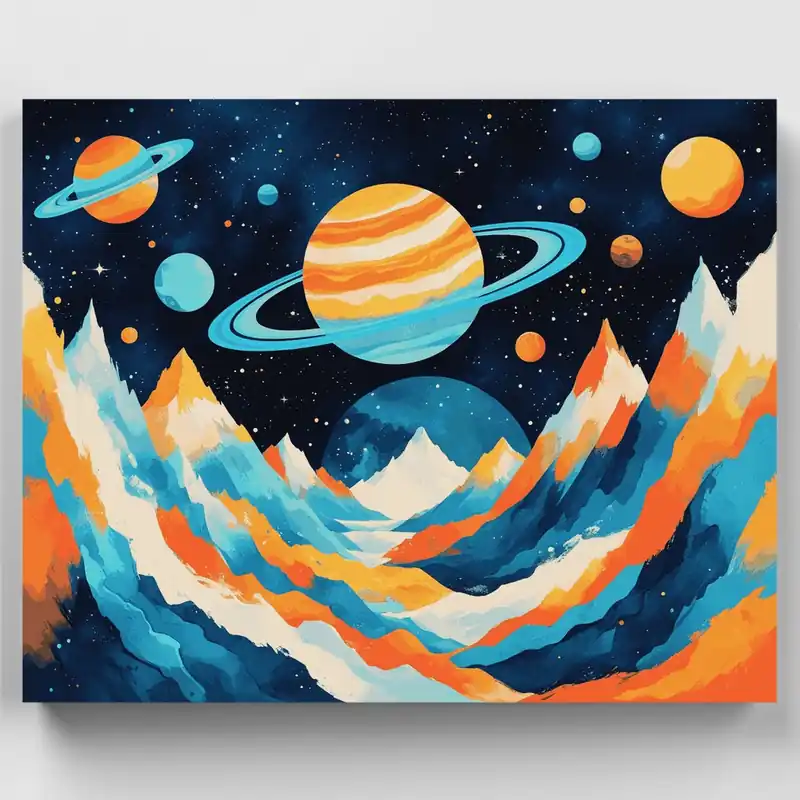 Planetas Cósmicos y Montañas - Kit de pintar por números - Lienzo Enrollado / 24 Colores Alta Calidad
