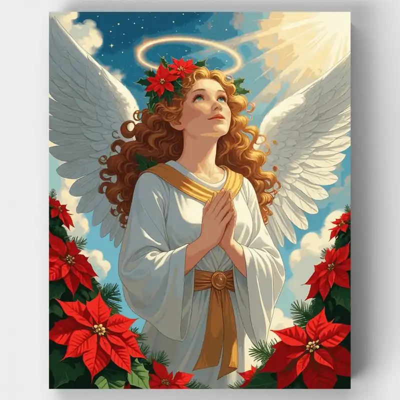 Ángel de Navidad con Nochebuenas - Kit de pintar por números - Lienzo Enrollado / 24 Colores Compra Ahora