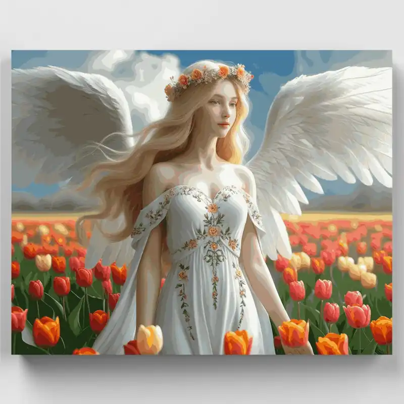 Ángel en Campo de Tulipanes - Kit de pintar por números - Lienzo Enrollado / 24 Colores Compra Ahora