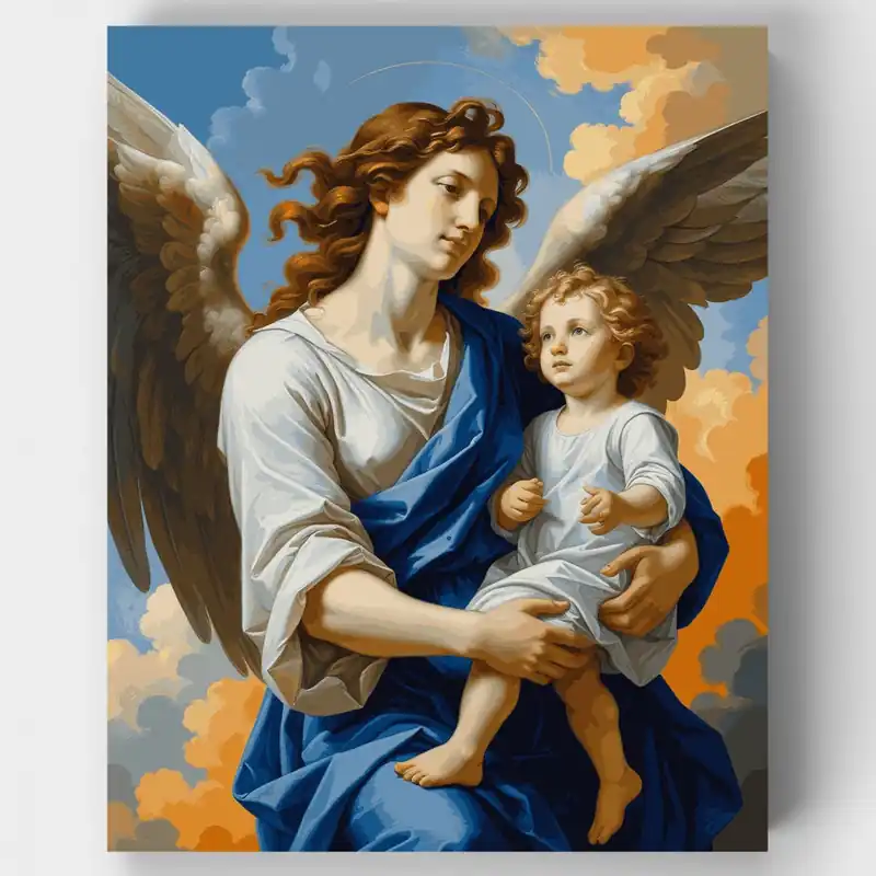 Stock Limitado Ángel Guardián con Niño - Kit de pintar por números - Lienzo Enrollado / 24 Colores