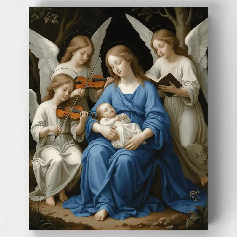 Stock Limitado Madonna con Ángeles Musicales - Kit de pintar por números - Lienzo Enrollado / 24 Colores