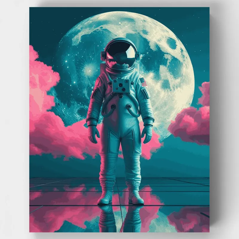 Astronauta Lunar en Nubes Rosas - Kit de pintar por números - Lienzo Enrollado / 24 Colores Popular