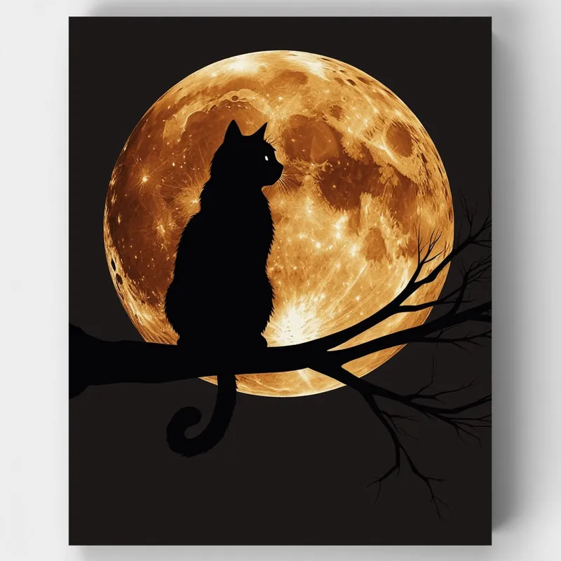 Silueta de Gato a la Luz de la Luna - Kit de pintar por números - Lienzo Enrollado / 24 Colores Novedad
