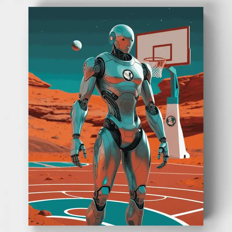 Robot Espacial Jugando Baloncesto en Marte - Kit de pintar por números - Lienzo Enrollado / 24 Colores Favorito De Clientes