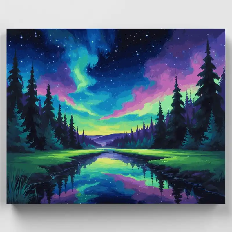 Bosque de Aurora Boreal - Kit de pintar por números - Lienzo Enrollado / 24 Colores Certificado