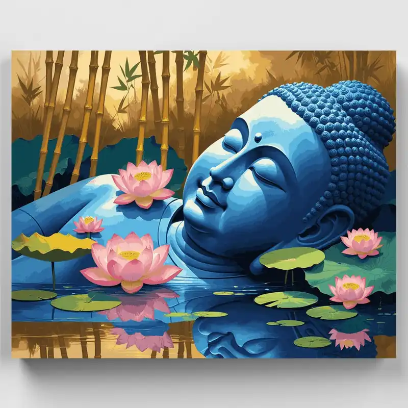 Buda Azul con Flores de Loto - Kit de pintar por números - Lienzo Enrollado / 24 Colores Disponible Ahora