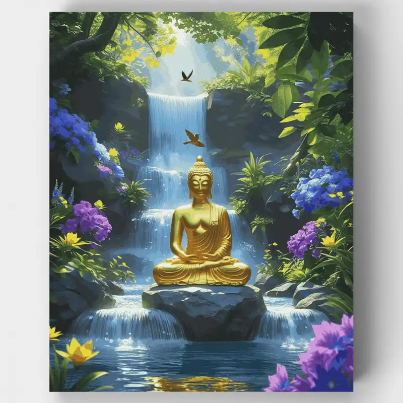 Precio Económico Buda Dorado en Paraíso de Cascada - Kit de pintar por números - Lienzo Enrollado / 24 Colores