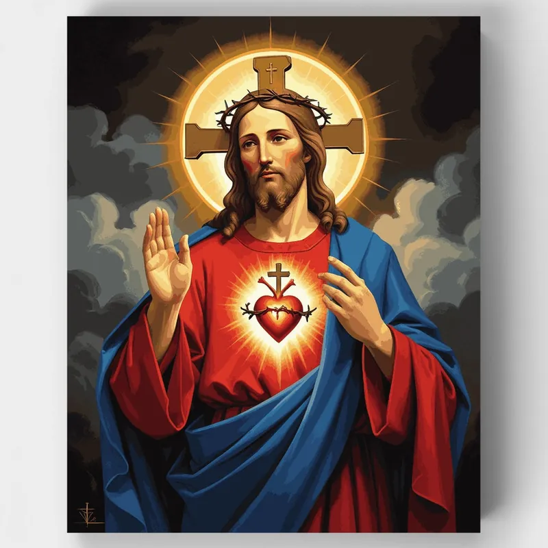 Retrato del Sagrado Corazón de Jesús - Kit de pintar por números - Lienzo Enrollado / 24 Colores Oferta De Temporada