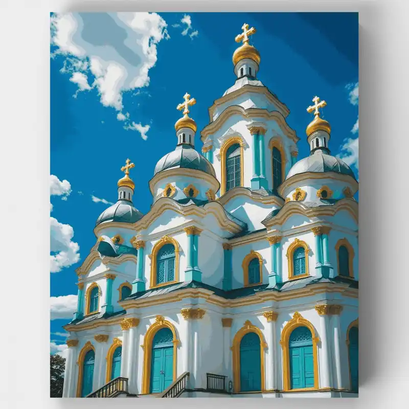 Catedral Ortodoxa con Acentos Turquesa - Kit de pintar por números - Lienzo Enrollado / 24 Colores Devolución Gratuita