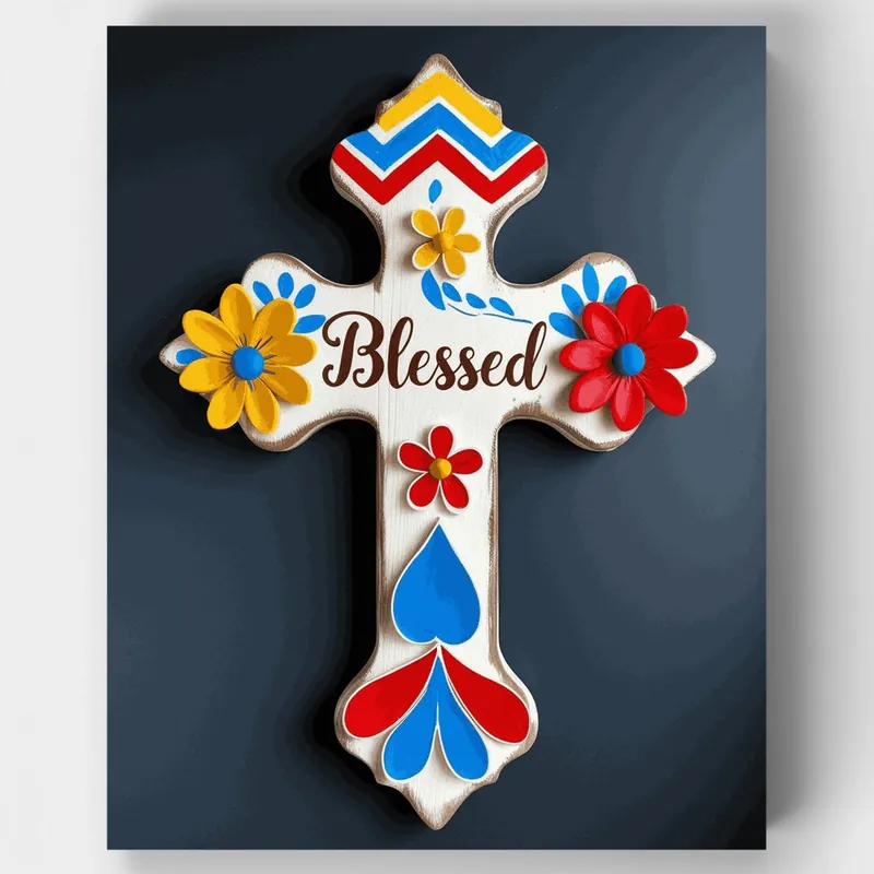 Cruz Bendita con Flores Coloridas - Kit de pintar por números - Lienzo Enrollado / 24 Colores Envío Internacional