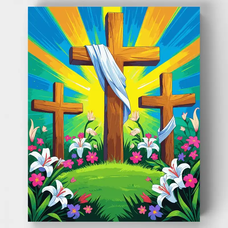 Precio Rebajado Cruces de Pascua con Lirios - Kit de pintar por números - Lienzo Enrollado / 24 Colores
