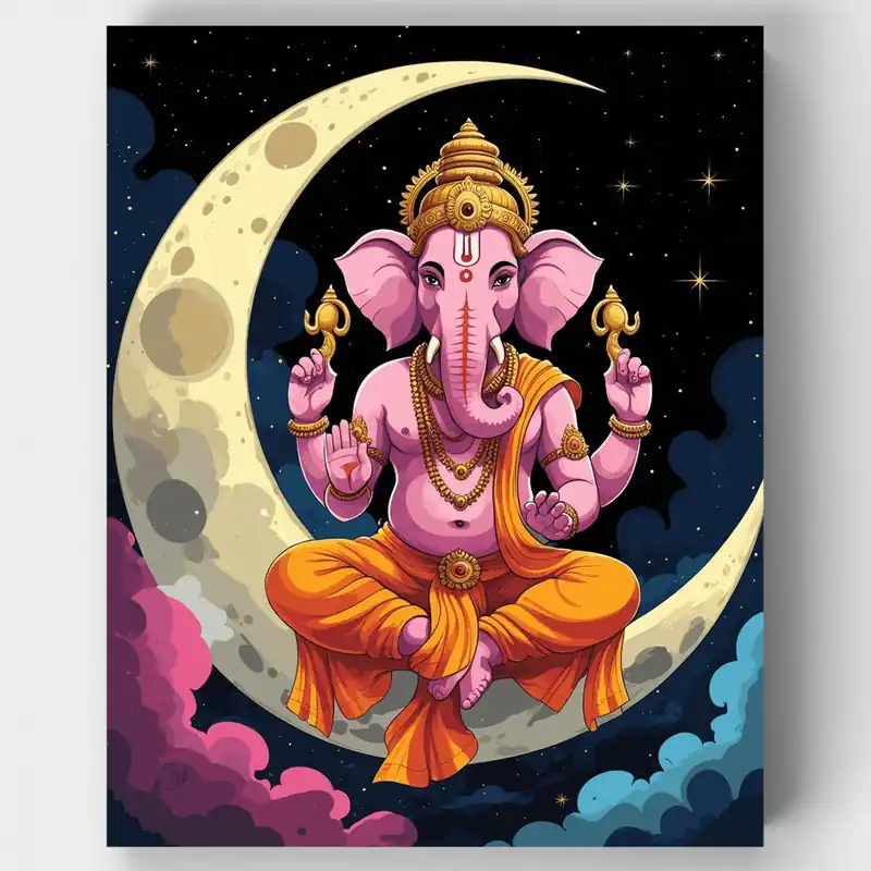 Lord Ganesha en Luna Creciente - Kit de pintar por números - Lienzo Enrollado / 24 Colores A Buen Precio