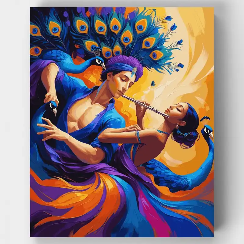 Súper Precio Krishna y Radha con Pavos Reales - Kit de pintar por números - Lienzo Enrollado / 24 Colores