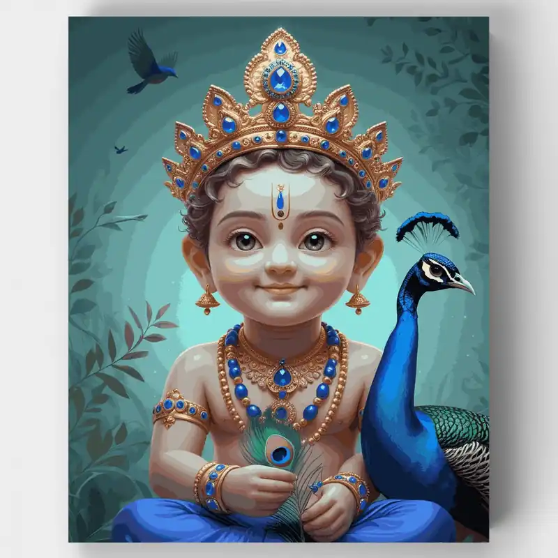 Marca Reconocida Bebé Krishna con Pavo Real - Kit de pintar por números - Lienzo Enrollado / 24 Colores