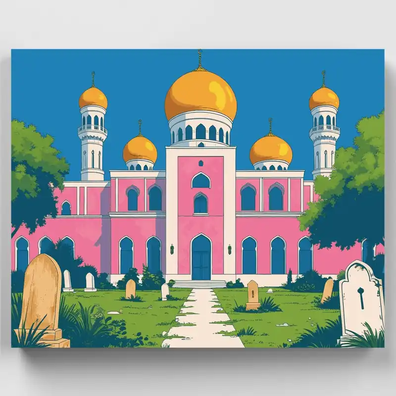 Compra Ahora Mezquita Rosa con Cúpulas Doradas - Kit de pintar por números - Lienzo Enrollado / 24 Colores